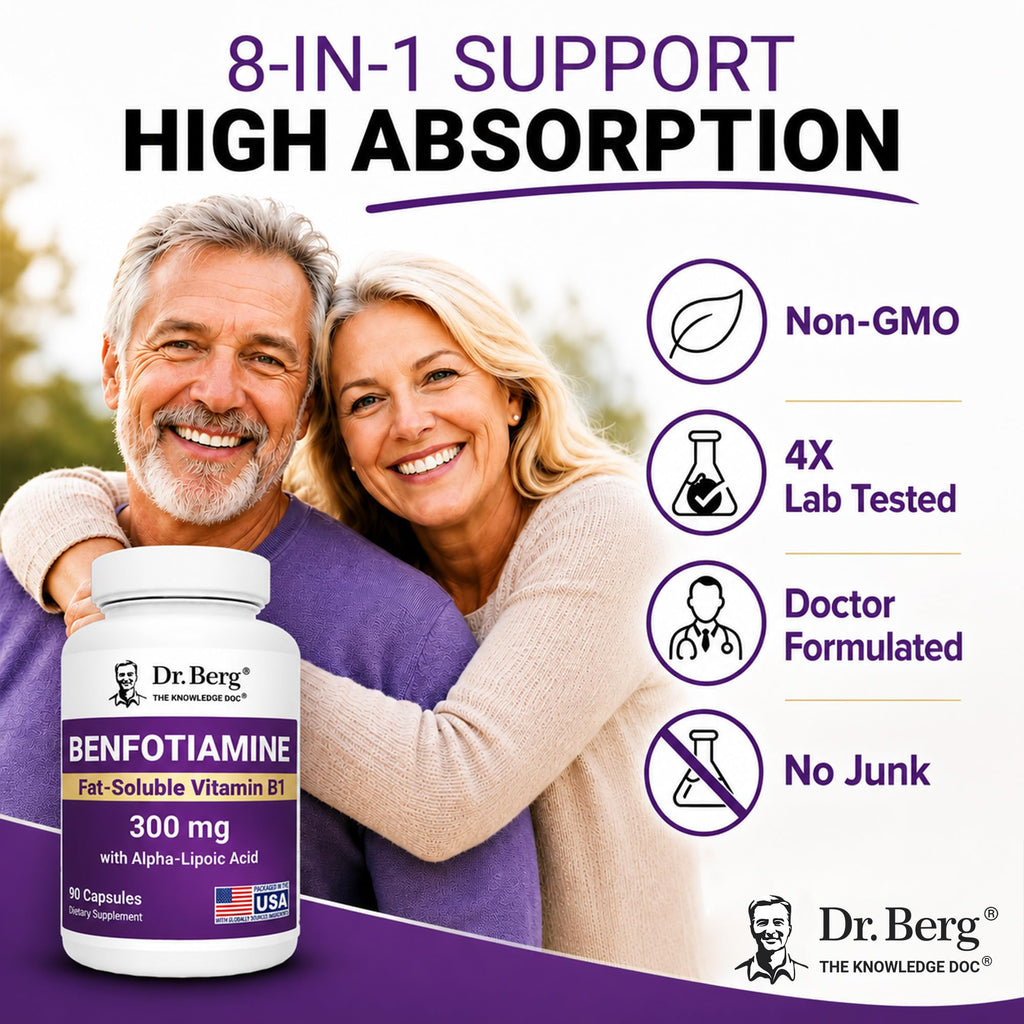 Dr. Berg Vitamin B1 Benfotiamine 300mg | 8-in-1 Nerve Support | 90 Capsules