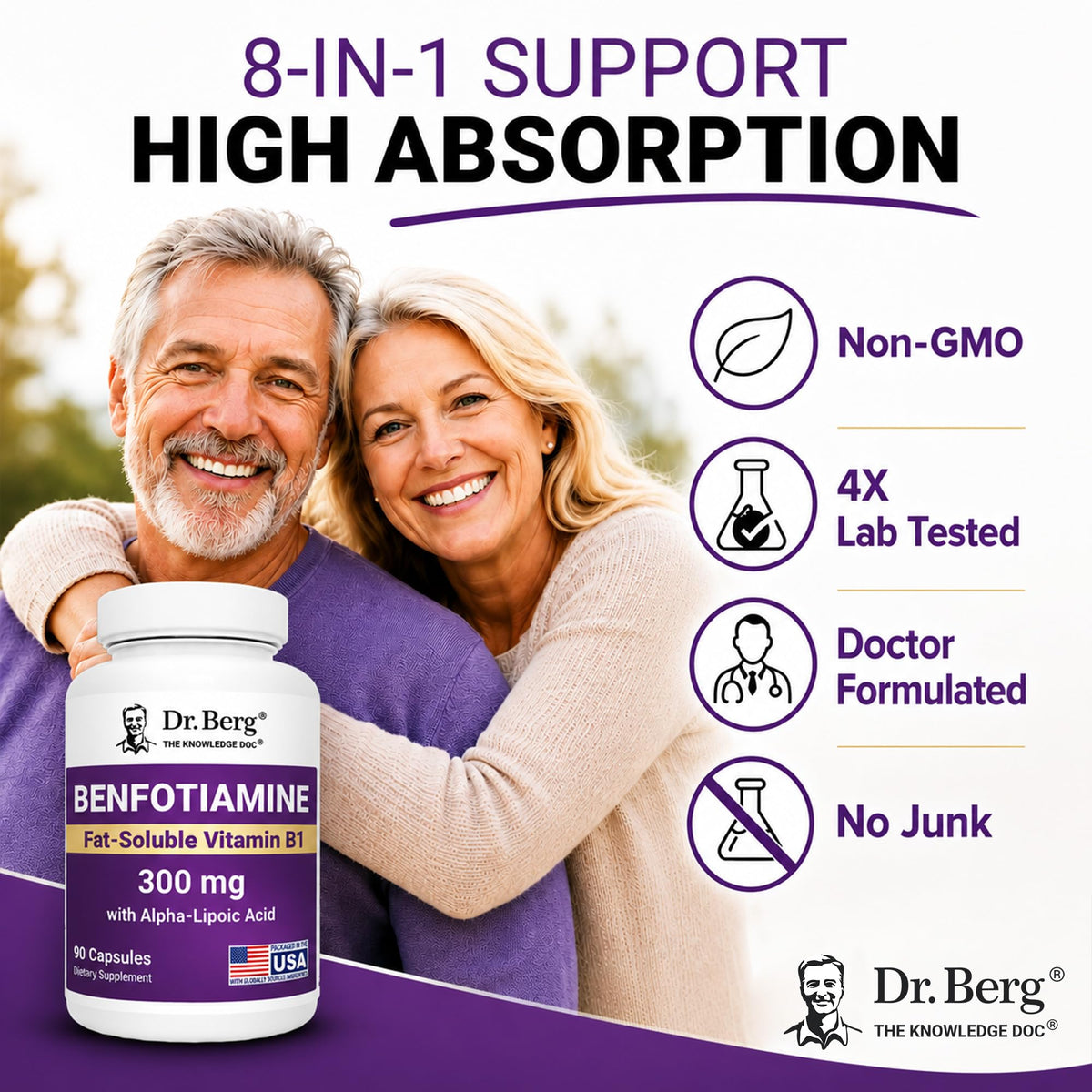Dr. Berg Vitamin B1 Benfotiamine 300mg | 8-in-1 Nerve Support | 90 Capsules