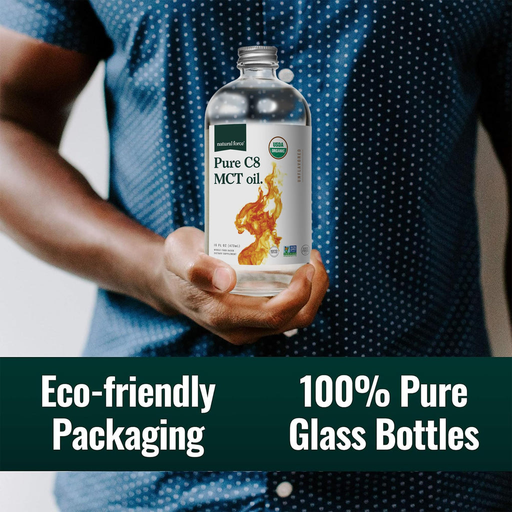 Natural Force Organic Pure C8 MCT Oil – Liquid MCT Oil in Glass Bottle Container – Concentrated Caprylic Acid – Keto, Paleo, Kosher, Vegan & Non-GMO – Lab Tested for Quality and Purity, 16 Ounce