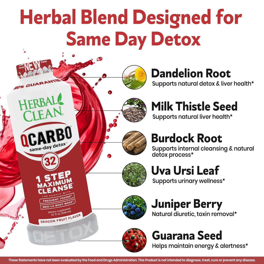 Herbal Clean Qcarbo32 Same-Day Detox Cleanse Drink (32 fl oz) - Dragon Flavor Full Body Cleanse* Detox Drink for Frequent Toxin Level*, Vitamin B2 and Vitamin B12 for Men & Women