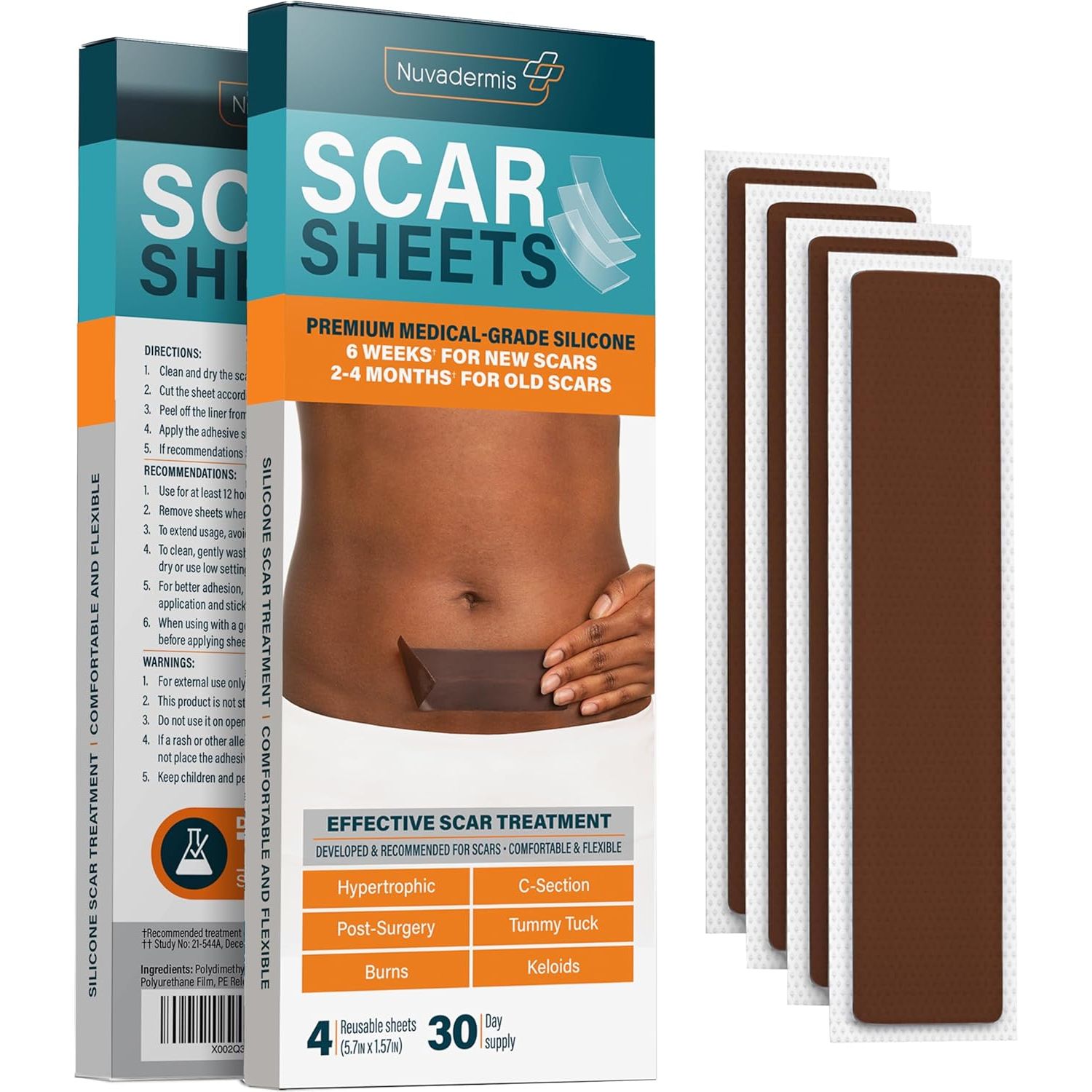 Buy now NUVADERMIS Silicone Scar Sheets - Extra Long Scar Sheets for C-Section, Tummy Tuck, Keloid, and Surgical Scars - Reusable Medical Grade Silicone Scar Sheets - Pack of 4 - Light Tone Sheets Dark - 4 Pack at indiglob india