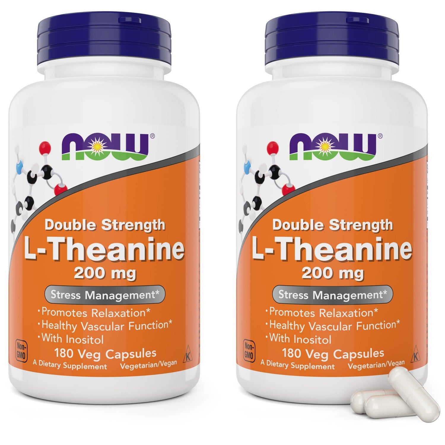 NOW Foods L-Theanine, Double Strength 200 mg Per Cap - 180 Veg Capsules - Enhanced with 100mg Inositol - Vegetarian, Non-GMO - Ltheanine 200mg Supplement