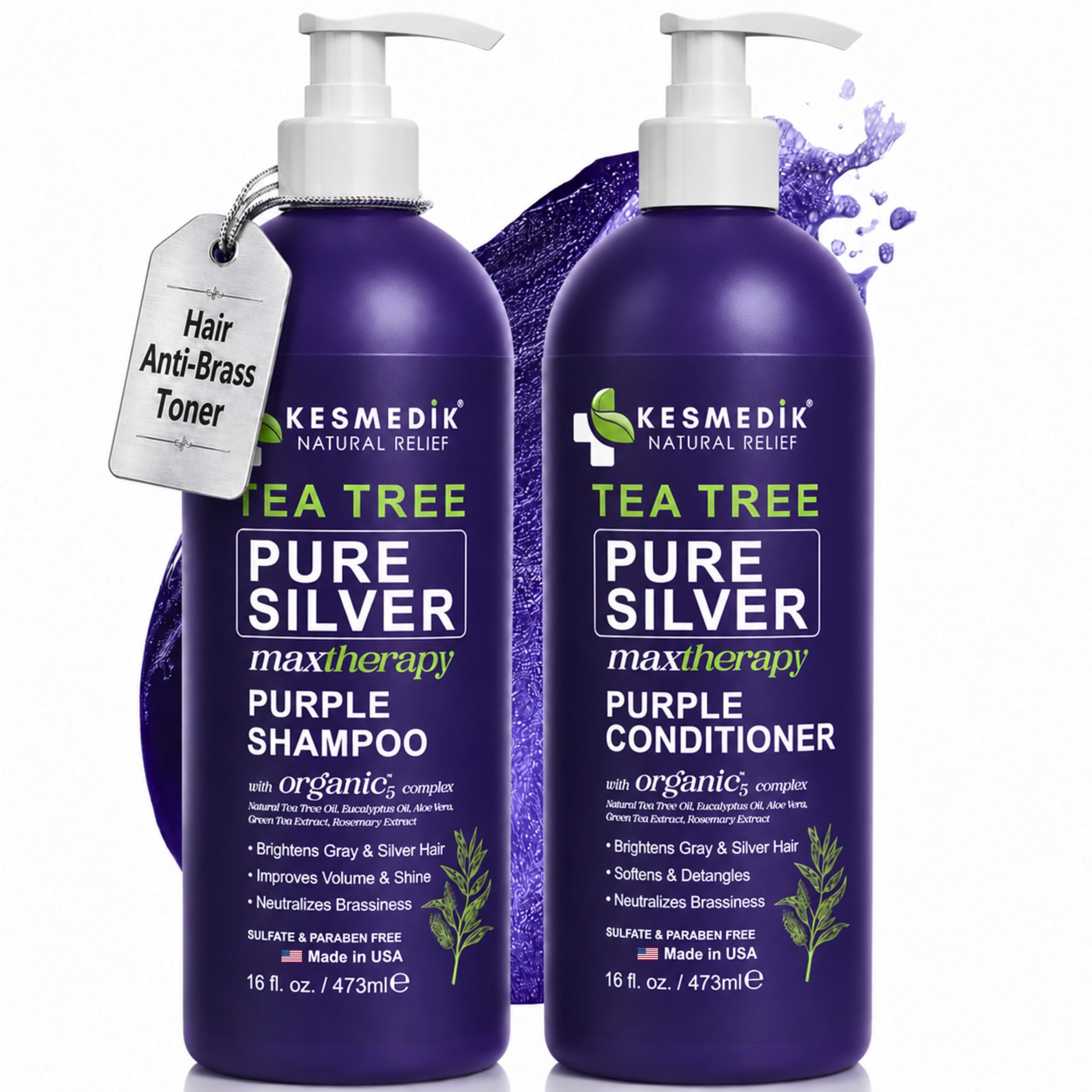 Tea Tree Purple Shampoo and Conditioner Set for Blonde, Silver & Gray Hair, Anti-Brass Toning & Brightening, Refreshes and Hydrates Scalp & Hair, Sulfate-Free Botanical Formula