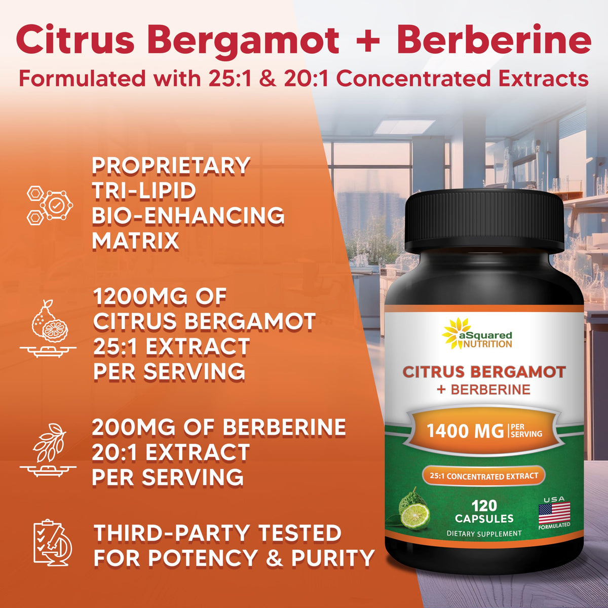 Citrus Bergamot with Berberine Supplement - 1400mg/Serving - 120 Capsules