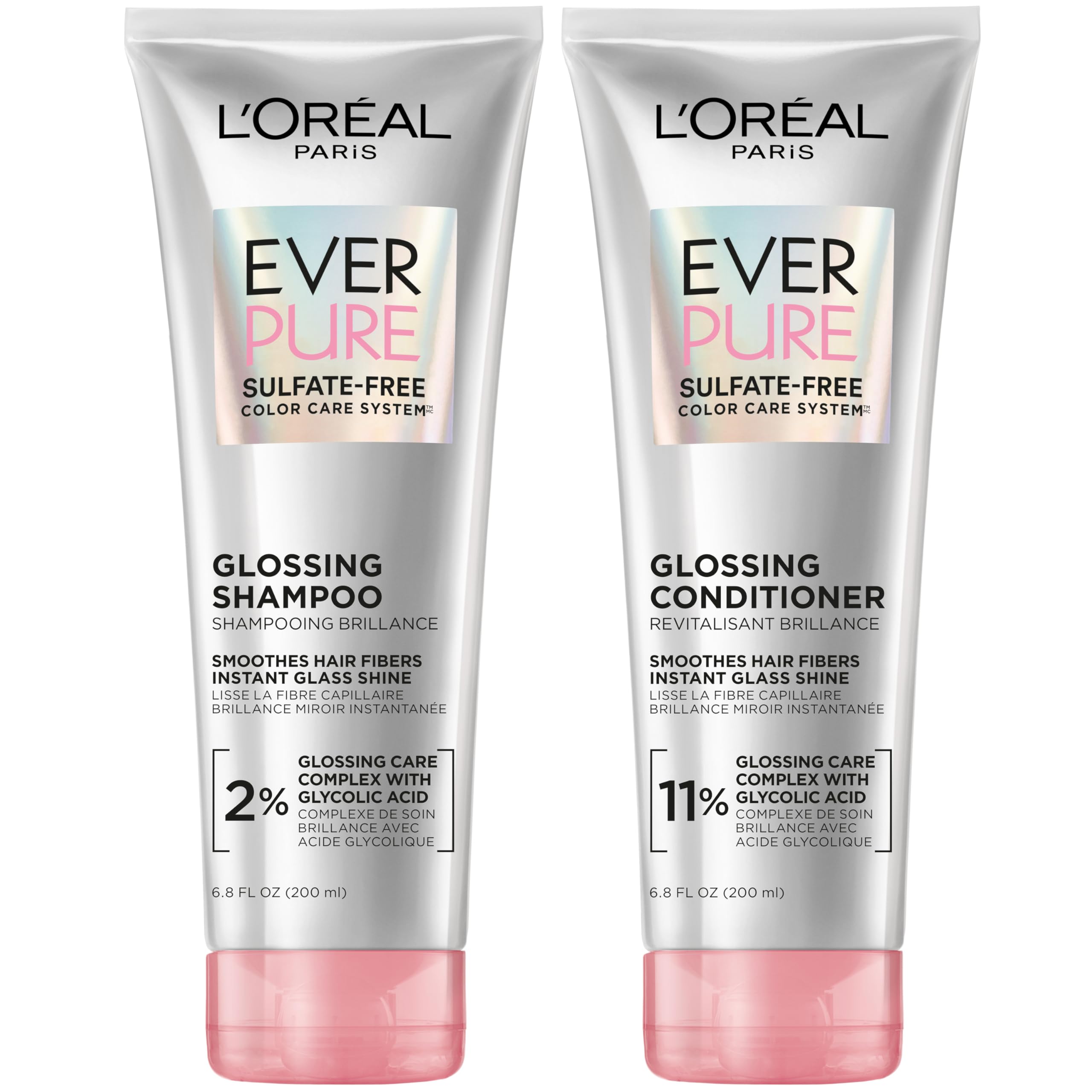 L’Oreal Paris Sulfate Free Glossing Shampoo and Conditioner Set with Glycolic Acid, Provides Intense Glass Shine & Smoothness, Suitable for Dull, Dry, and Color-Treated Hair, EverPure, 13.6 Fl Oz Set