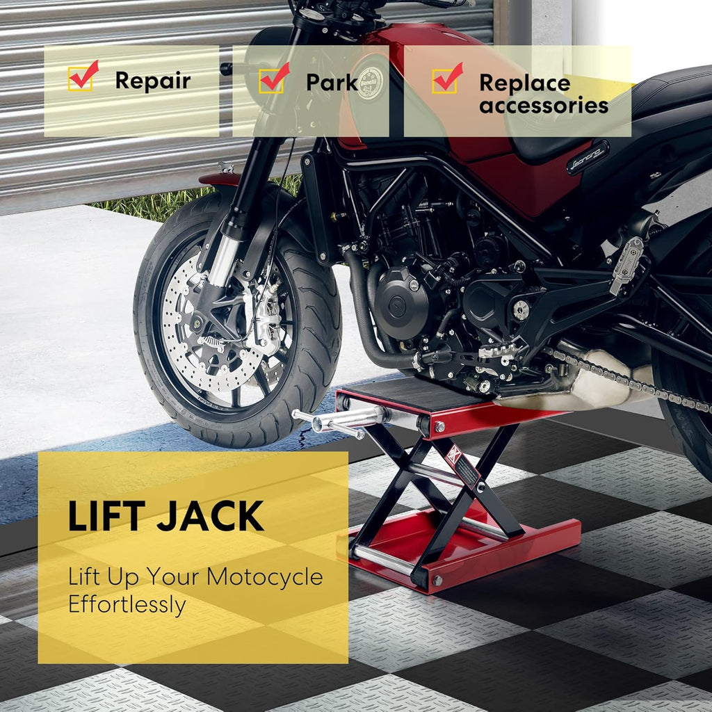 Buy now VIVOHOME Motorcycle Lift Scissor Jack Steel Wide Deck Hoist Crank Center Stand 1100 LBS Capacity for Motorcycles, ATVs, Dirt Bikes Red at indiglob india