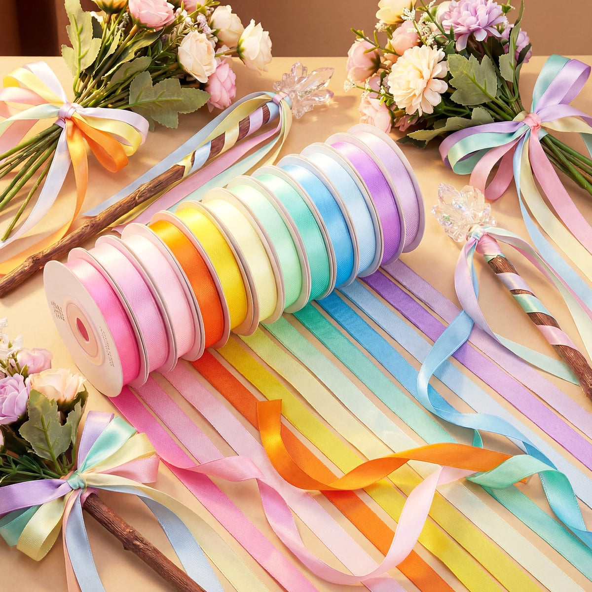 woric 120 Yards Rainbow Ribbon 12 Colors 3/8" x 10 Yards/Roll