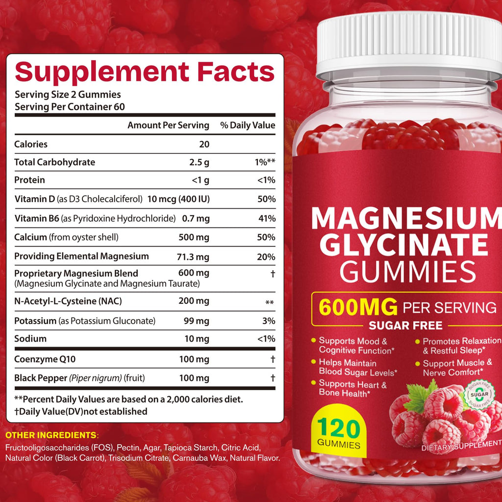 Magnesium Glycinate Gummies (Raspberry) 600mg, Sugar Free with Magnesium L-Threonate, Calcium, Potassium, Vitamin D3, B6 & CoQ10, High Absorption Support for Relaxation,Muscles & Energy, 120 Count
