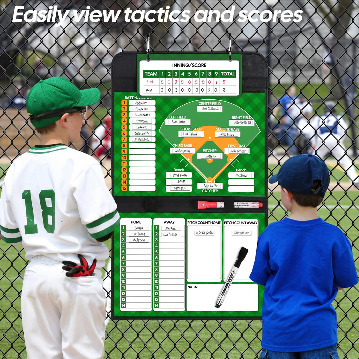 Magnetic Baseball Lineup Board, Collapsible Professional Softball & Baseball Lineup Board for Dugout, Baseball Clipboard for Coaches with 40 Magnetic Lineup Cards and High-End Markers (Leather Cover)