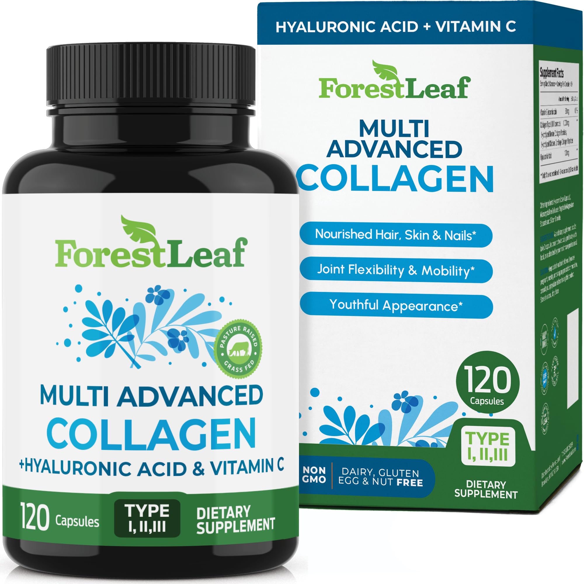 ForestLeaf Collagen Supplements for Women & Men Types I/II/III, 120 Caps | Hydrolyzed Bovine Multi Collagen Pills with Hyaluronic Acid and Vitamin C for Skin, Hair, Nails and Joint Support - USA Made
