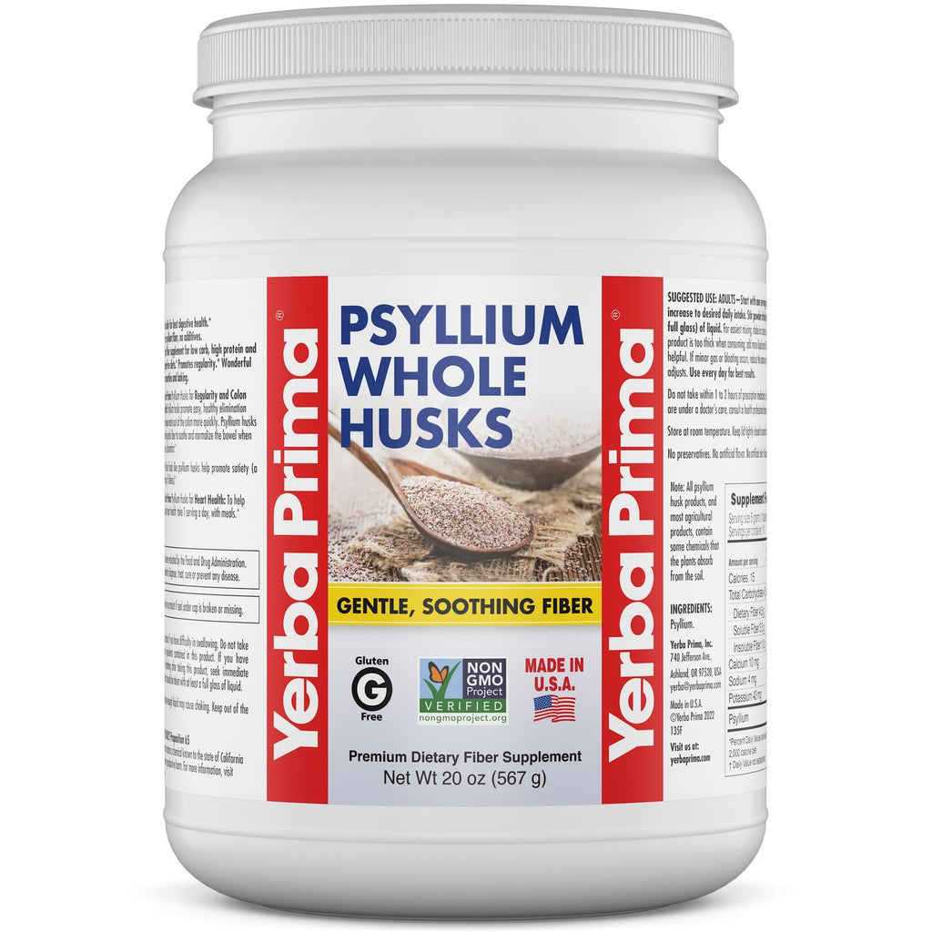 Yerba Prima Whole Psyllium Husk Fiber Supplement 20 oz (Pack of 2) - Vegan, Gluten Free, Non-GMO
