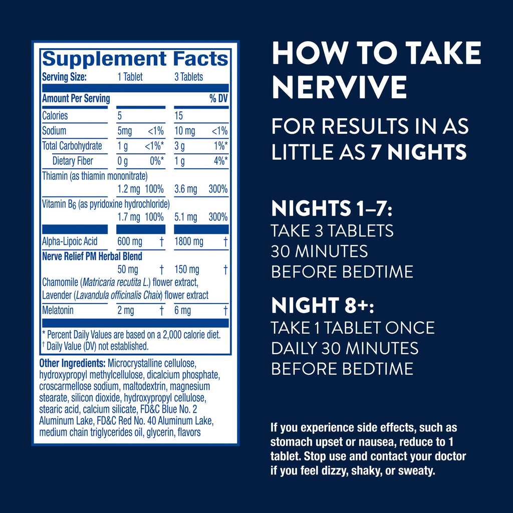 Nervive Nerve Relief PM, Occasional Nerve Discomfort II, Sleep Aid, Starts Working in 7 Days, Stabbing, Burning, Alpha Lipoic Acid, Melatonin, B Vitamins, Turmeric, Ginger, Nervive Supplement, 30 ct