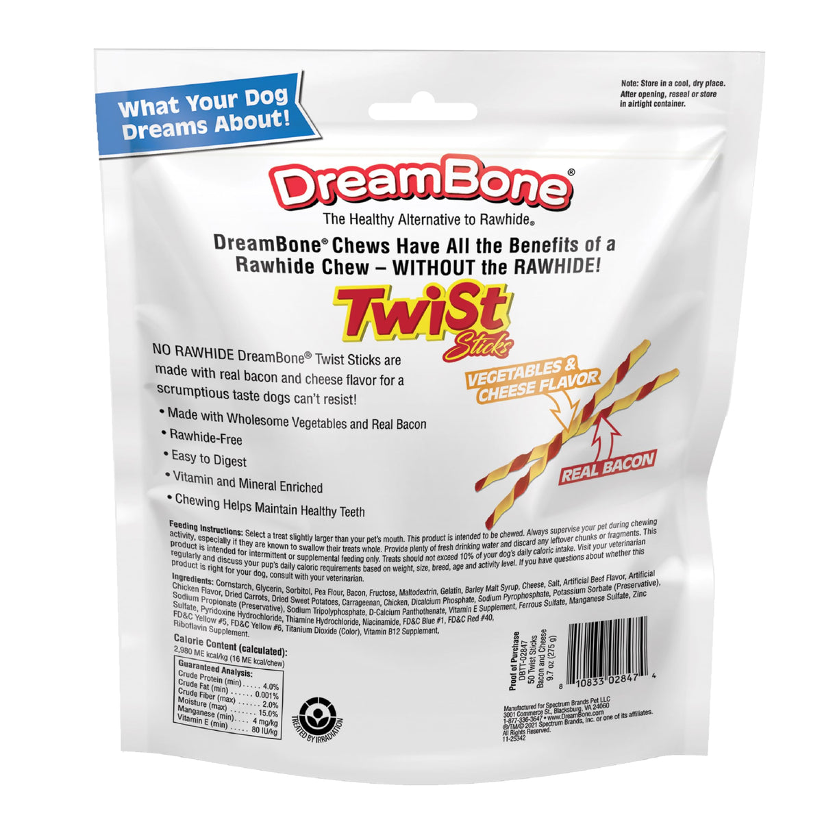 Dreambone Twist Sticks with Real Bacon and Cheese Flavor 50 Count, Rawhide-Free Chews for Dogs (3 Pack)