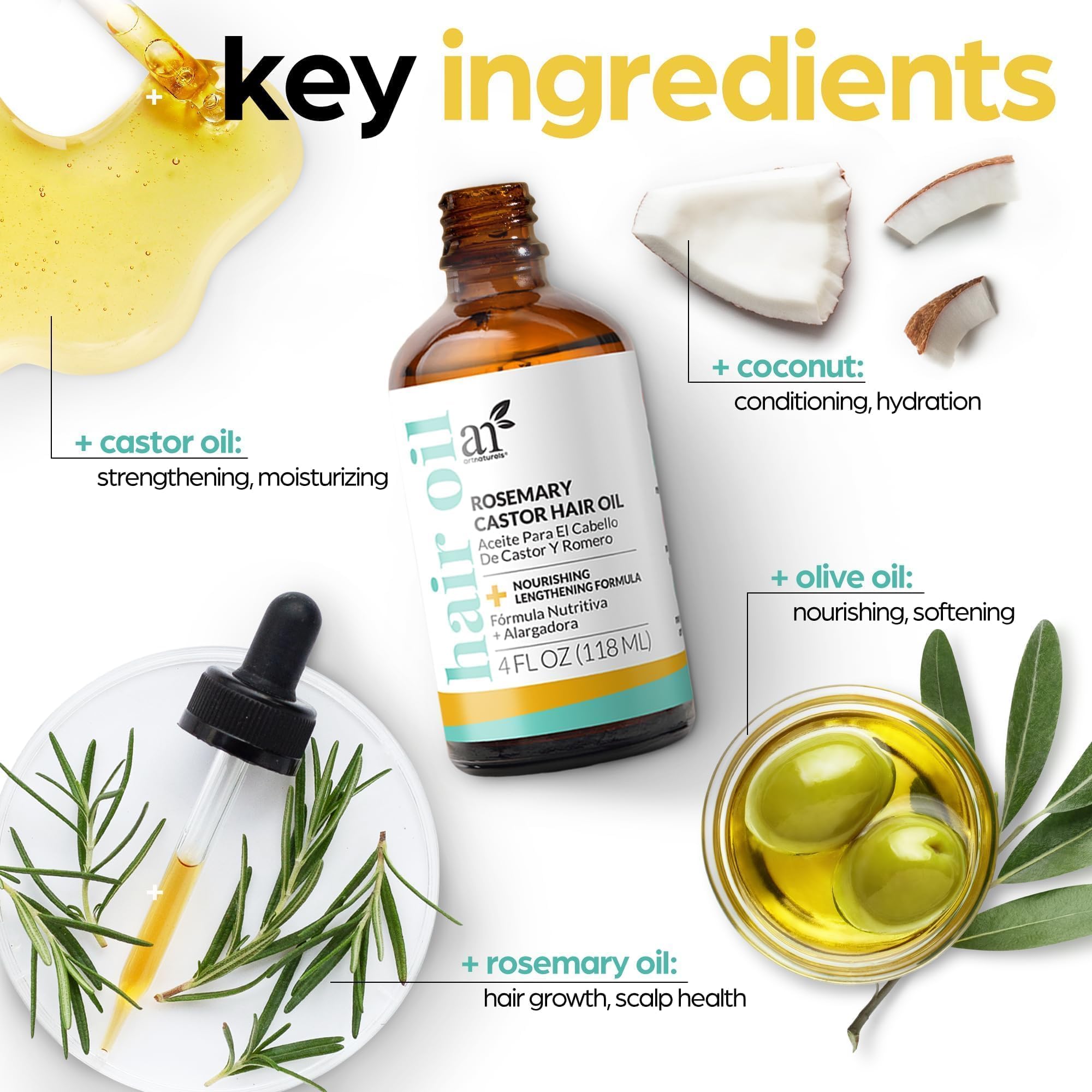 ArtNaturals Rosemary Oil for Hair Growth & Castor Oil Set, 4 oz, Women Men
