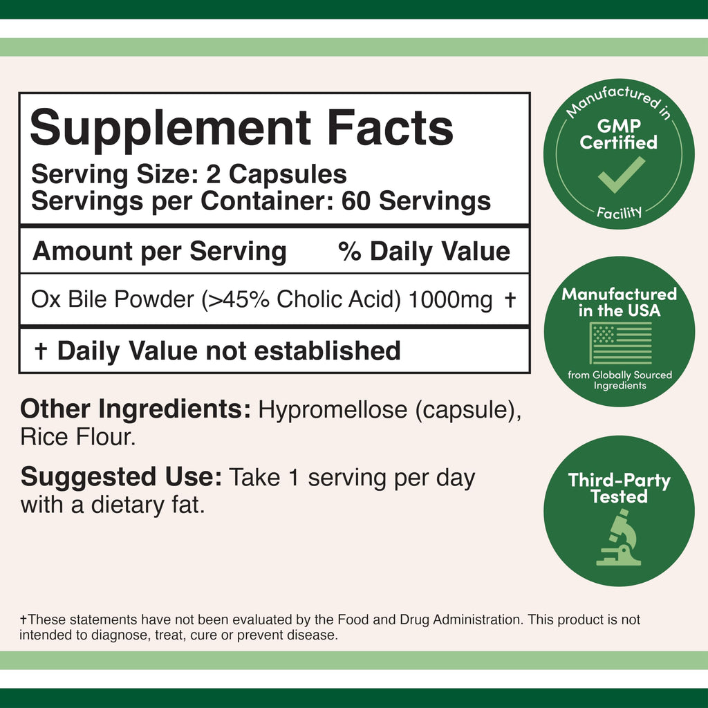 Ox Bile 1,000mg Bile Salts, 45% Cholic Acid, Fat Digestion, 120 Capsules