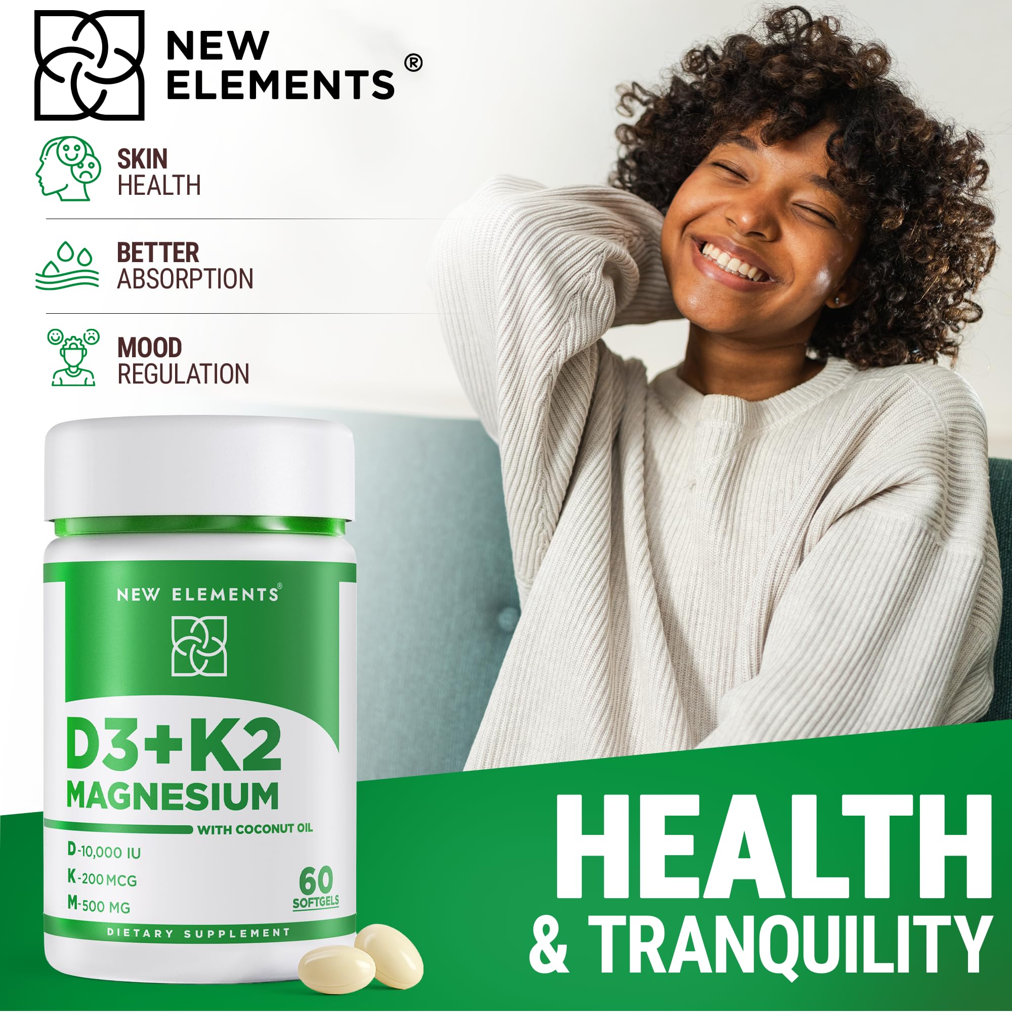 New Elements Vitamin D3 K2 10,000 IU with Magnesium Glycinate 500mg - Bone Health, Immune Support, Energy & Mood - Non-GMO, Gluten-Free, Sugar-Free Softgels for Women & Men (60 softgels)