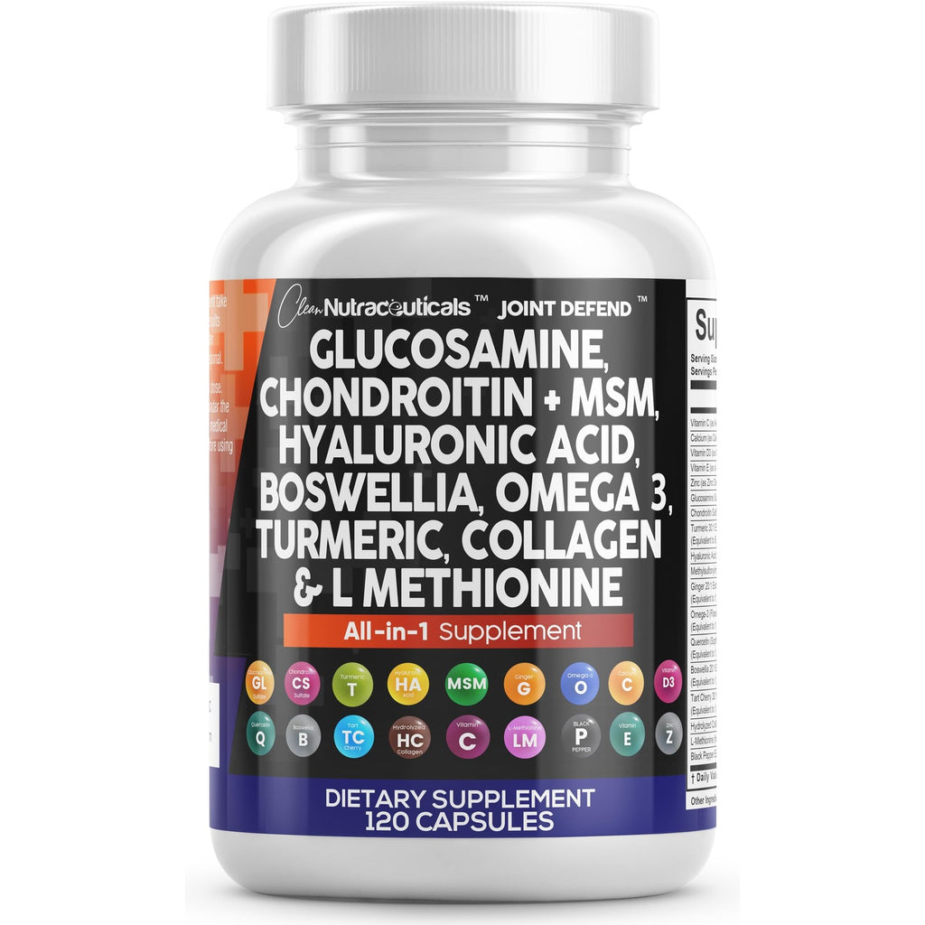 Clean Nutraceuticals Glucosamine 1500mg Chondroitin 1200mg MSM with Turmeric Curcumin, Collagen, Hyaluronic Acid, Omega 3 – Joint Health Supplement for Men & Women – Joint Complex – 120 Count