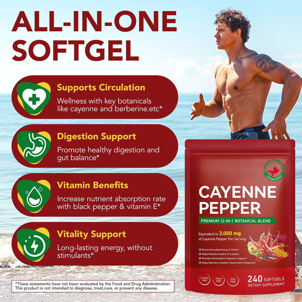 FANSHI Cayenne Pepper Softgels Supplement, 2 PCS, 240 Capsules | 12-in-1 Serving with Vitamins D3, K2 & E, Supports Healthy Circulation & Daily Energy, Features Hawthorn, Beetroot & Turmeric