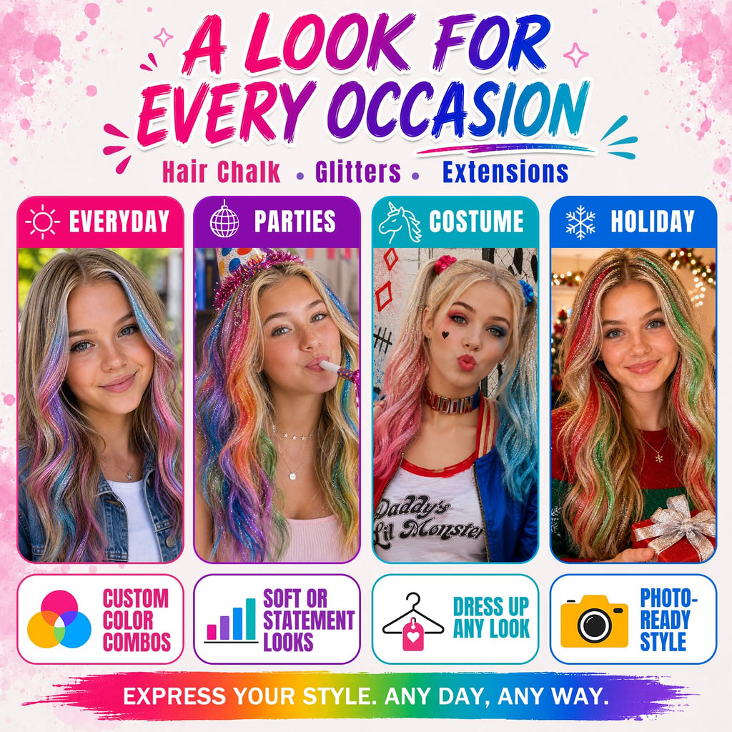 Jim&Gloria Dustless Hair Chalk for Girls Washable with Clip in Hair Extensions, Brushes and Glitters, Temporary Color Dye, Gifts for Teen Girl Trendy Stuff, Teenage 7 8 9 10 11 12 13 14 Year Old