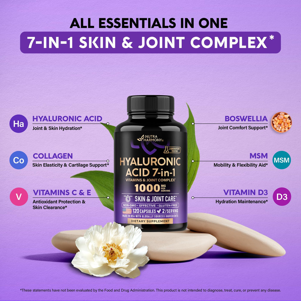 Hyaluronic Acid Supplements 1000mg - Skin & Joint Support - 120 Caps