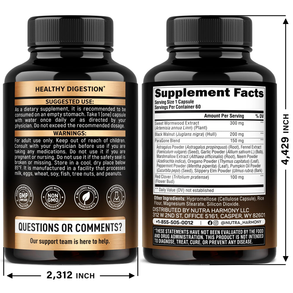 Wormwood, Black Walnut, Clove - Cleanse, Detox & Gut Flora Support - 60Caps
