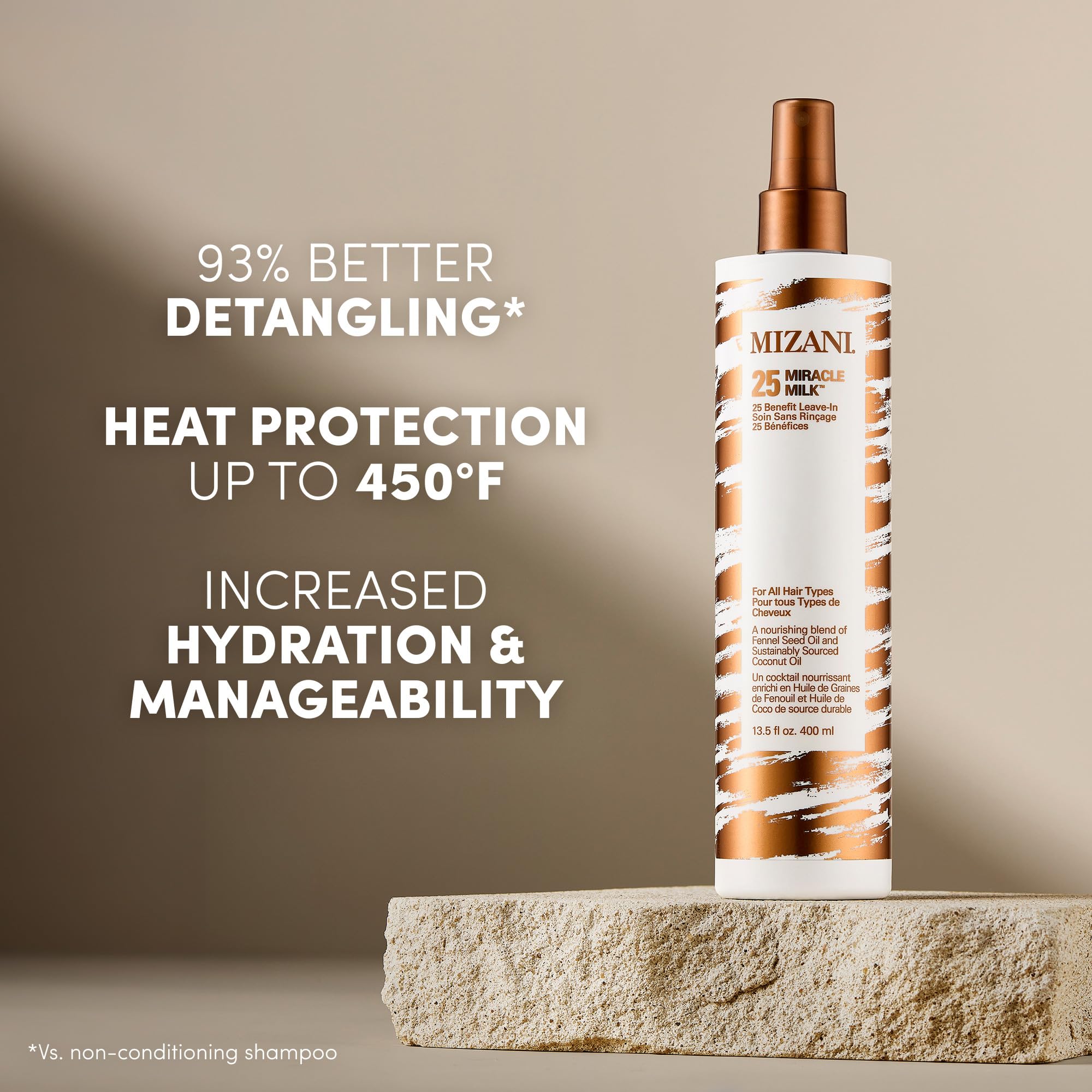 Mizani 25 Benefit Miracle Milk - Leave in Conditioner for Curly Hair, With Coconut Oil, Curl Detangler Spray, Anti Frizz Heat Protectant, No Drying Alcohols, Paraben-Free