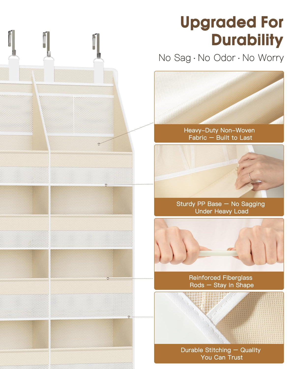 Criusia Over the Door Organizer, Extra Large 12 Compartments Closet Hanging Storage with 14 Mesh Pockets, 85lbs Capacity Behind the Door Storage for Baby Nursery, Bathroom, Bedroom, and Dorm, Beige