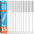 AZEN 15 Pack Straw Cleaner Brush Set, 12 inch Extra Long, 5 Different Diameters Reusable Cleaning Brush for Sippy Cup, Water Bottle and Tubes