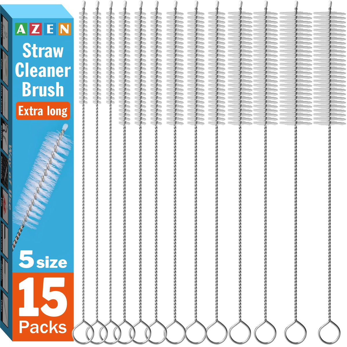 AZEN 15 Pack Straw Cleaner Brush Set, 12 inch Extra Long, 5 Different Diameters Reusable Cleaning Brush for Sippy Cup, Water Bottle and Tubes