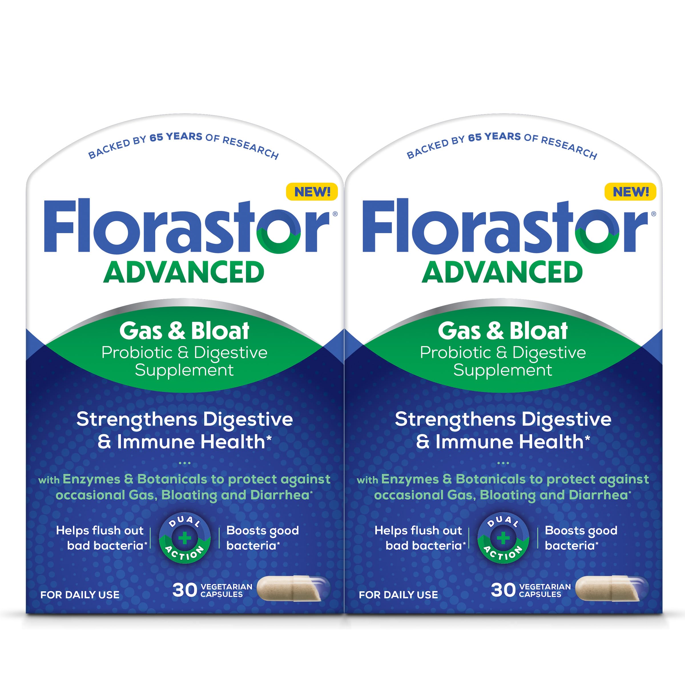 Florastor Advanced Gas & Bloat Probiotic, 30 Capsules (Pack of 2) | Digestive Enzymes and Botanicals, Plus Probiotics for Digestive Health
