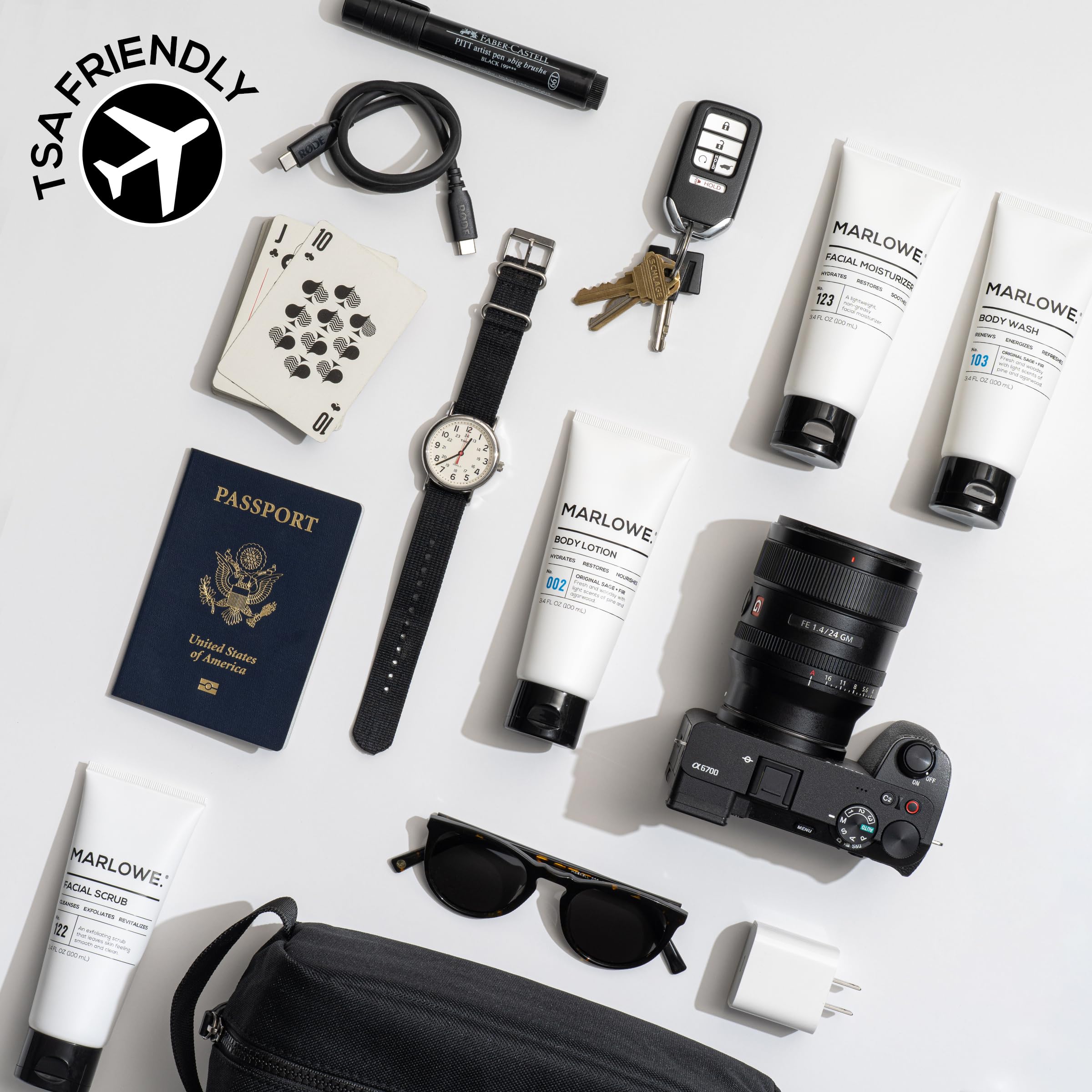 MARLOWE.Men's Travel Kit, Face + Body Essentials, TSA Friendly 3.4 oz Each | Travel Essentials, TSA Friendly Body Wash, Body Lotion, Facial Scrub & Facial Moisturizer