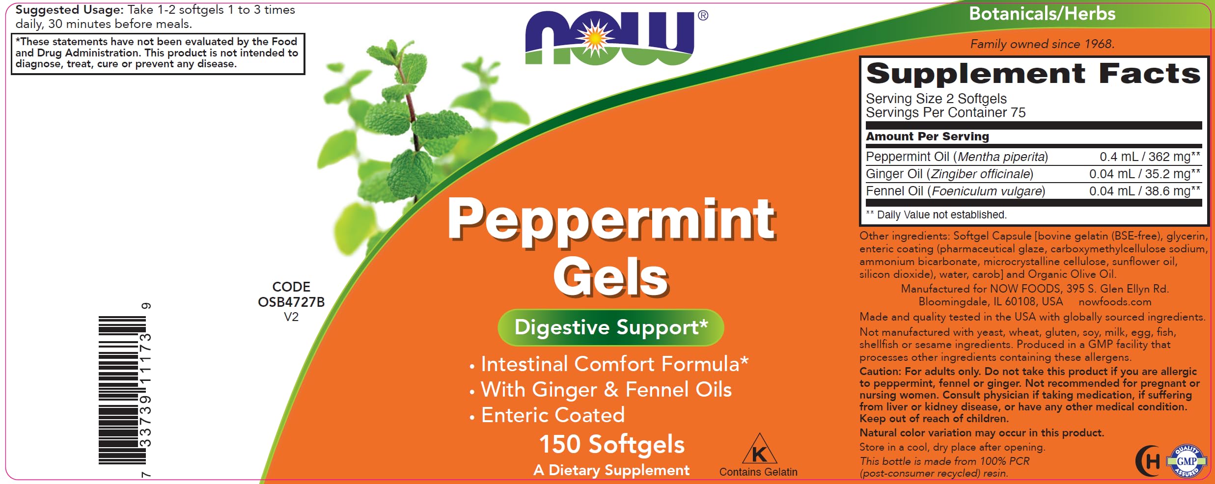 Buy now Now Peppermint Gels with Ginger Oil and Fennel Oil, 150 Softgels, Enteric Coated at indiglob india