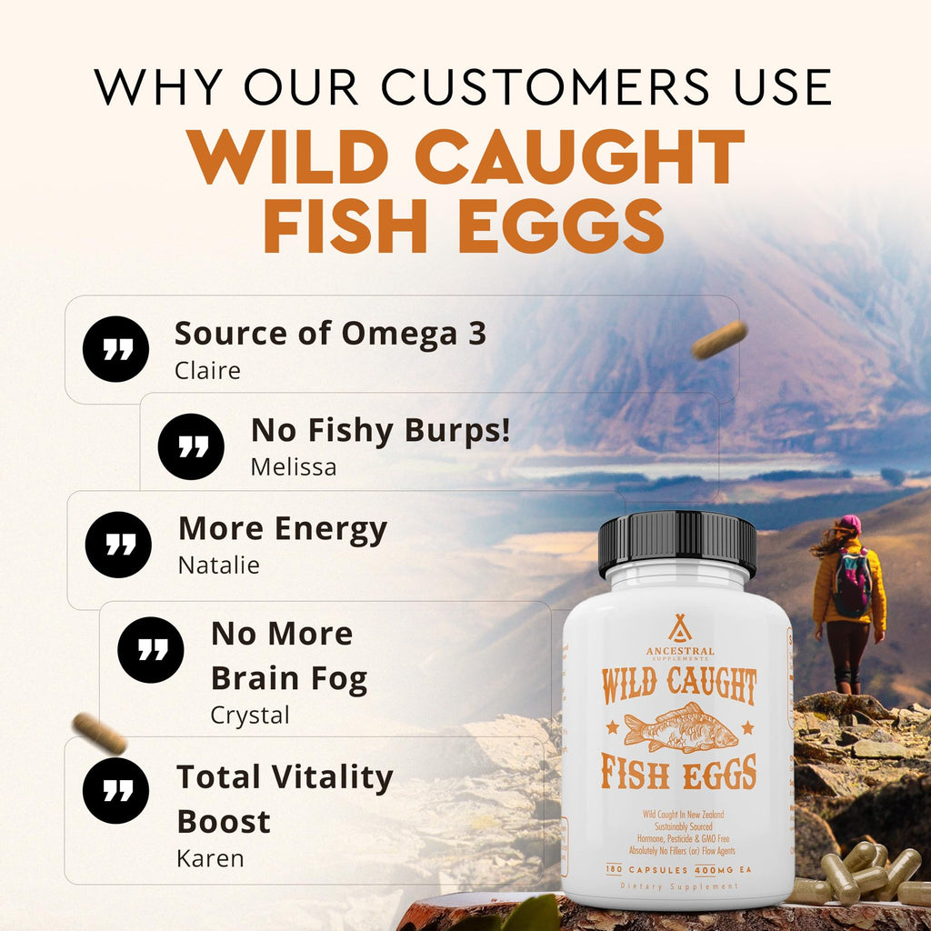 Ancestral Supplements Wild Caught Fish Eggs, Omega-3 Supplement, 180 Ct | 2400mg omega-3 fatty acids with EPA & DHA support brain, heart and fertility health, plus vitamin D, K2 and A.