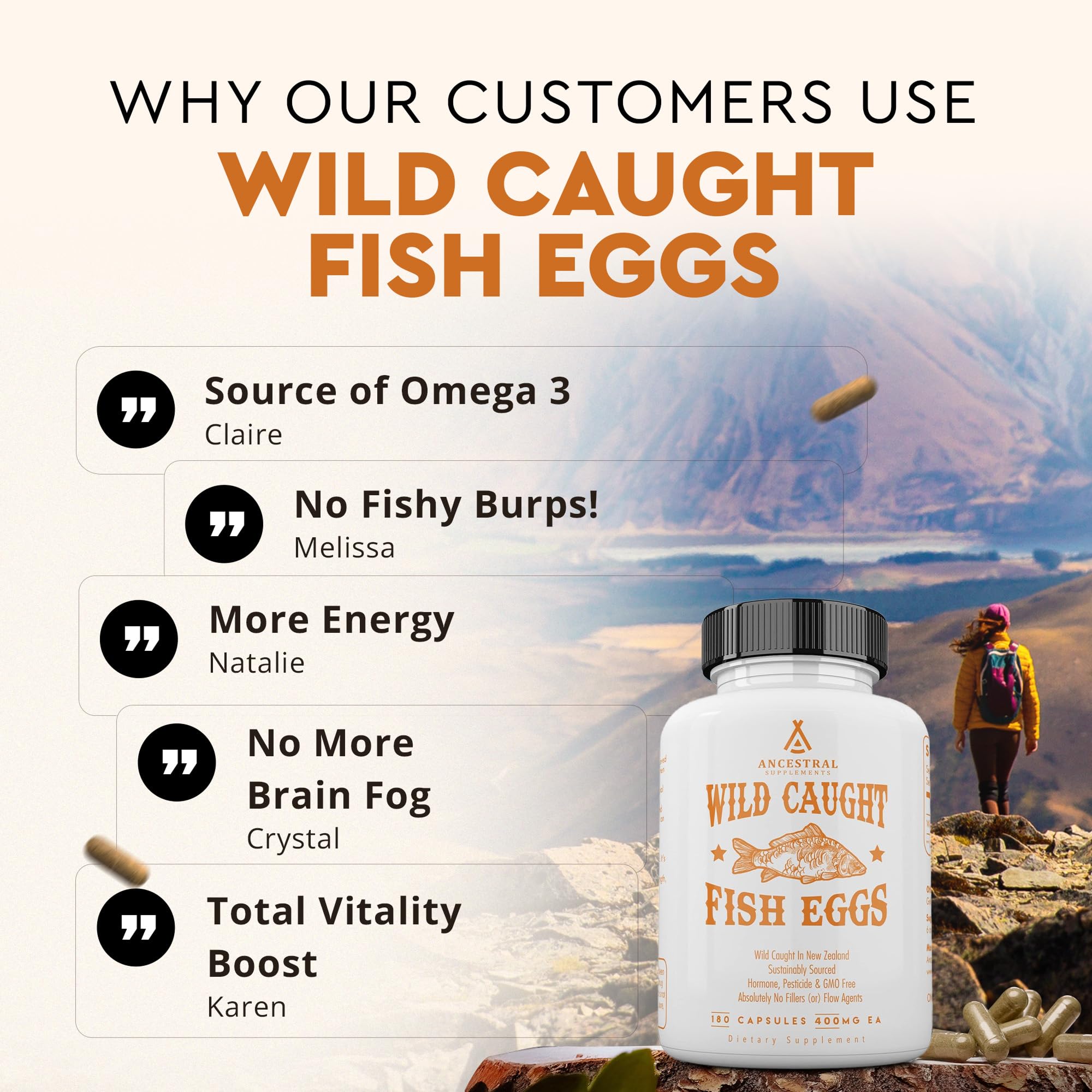 Ancestral Supplements Wild Caught Fish Eggs, Omega-3 Supplement, 180 Ct | 2400mg omega-3 fatty acids with EPA & DHA support brain, heart and fertility health, plus vitamin D, K2 and A.