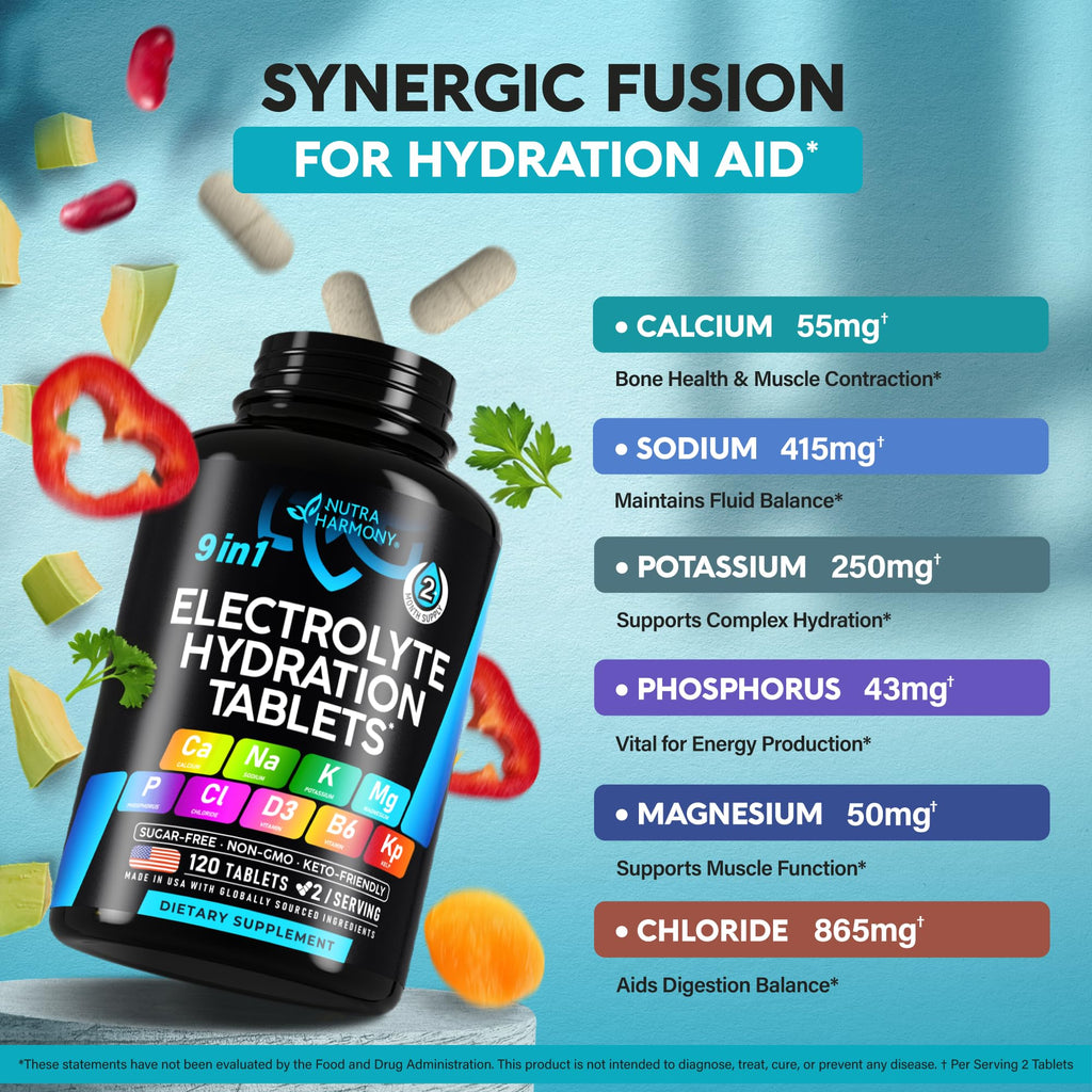 Electrolyte Tablets with Magnesium, Sodium, Potassium, Chloride - 120 Tabs | Electrolytes Salt Pills with Kelp Powder, Vitamins D3 & B6 - Vegan & Keto Friendly Oral Tablets as Capsules - Lab Tested