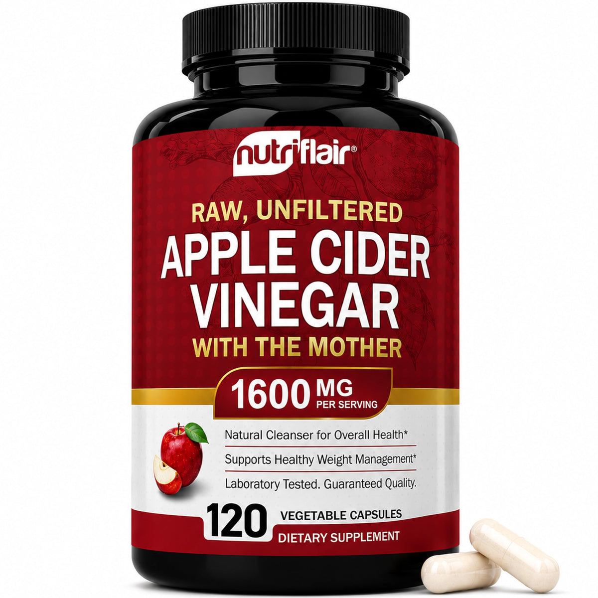 NutriFlair Apple Cider Vinegar Capsules with Mother 1600mg, 120 Capsules