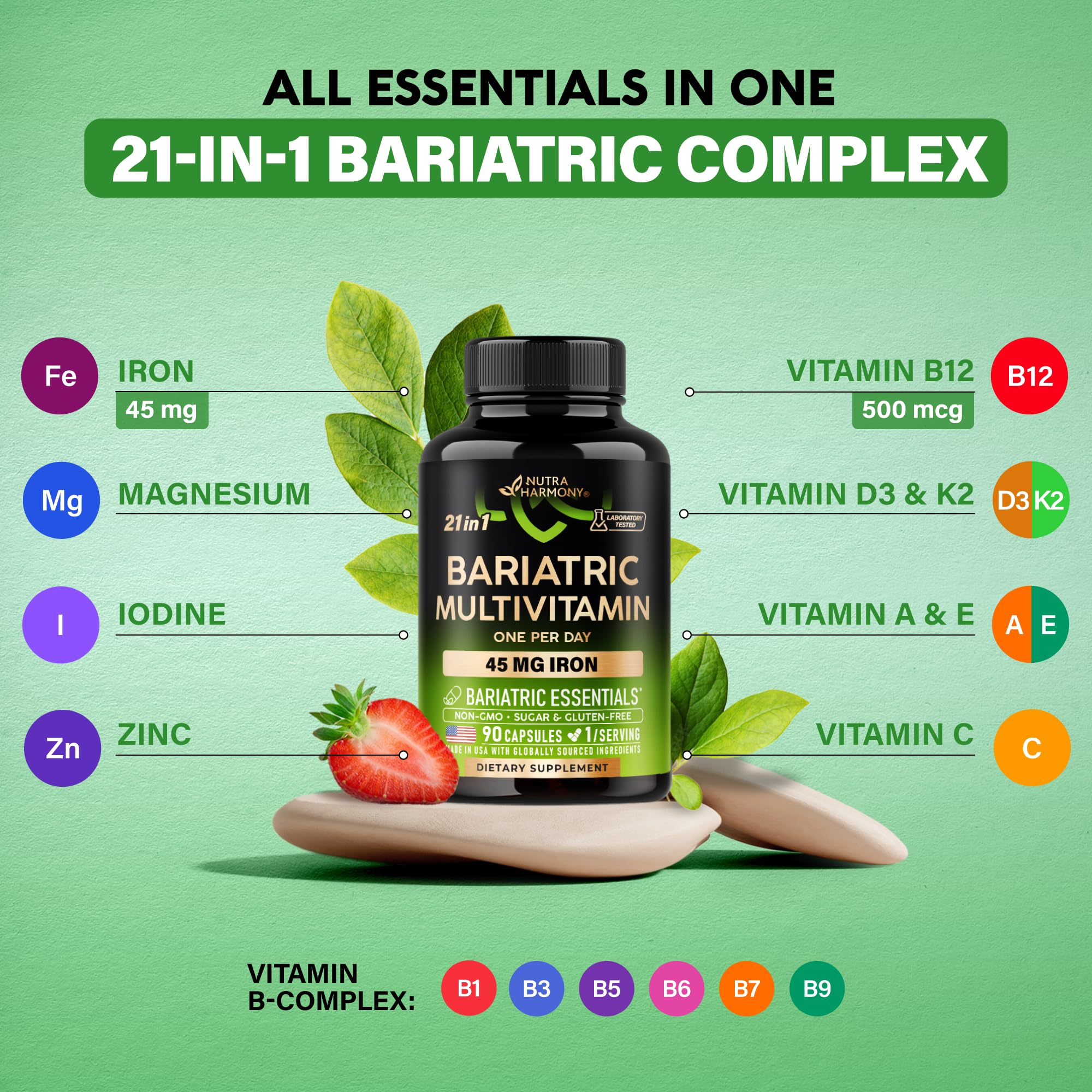 Bariatric Multivitamin with Iron 45mg - 21in1 Bariatric Complex - 90 Caps | Bariatric Vitamins for Women & Men - Lab Tested - Gastric Sleeve Support - Free of Sugar, Gluten & Soy - 1/Day
