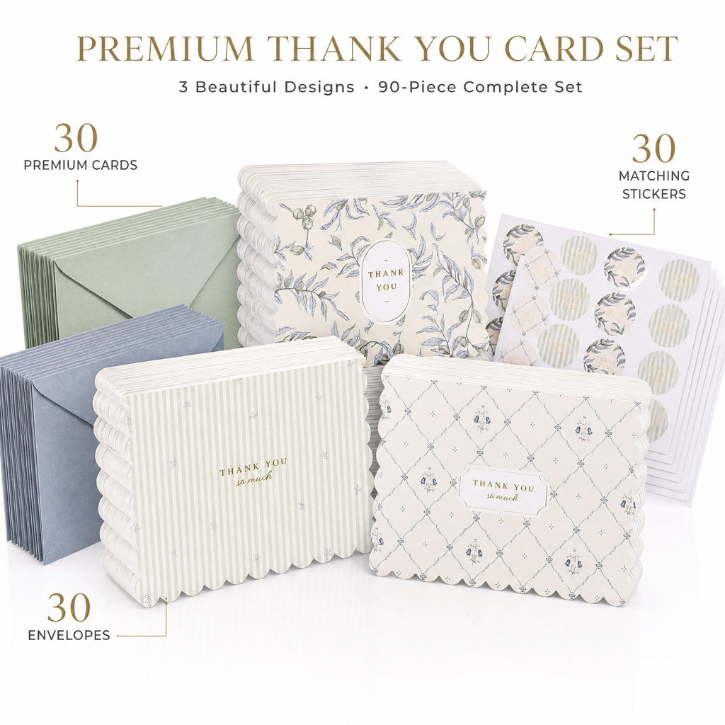 ZICOTO Beautiful Thank You Cards Set of 30 With Envelopes and Cute Stickers