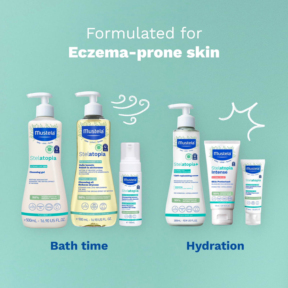 Mustela Stelatopia Eczema-Prone Skin Cleansing Oil - Baby Body Wash with Natural Avocado & Sunflower Oil - Family Skin Care Essentials - EWG Verified - Fragrance-Free & Tear Free - 16.9 fl. oz.