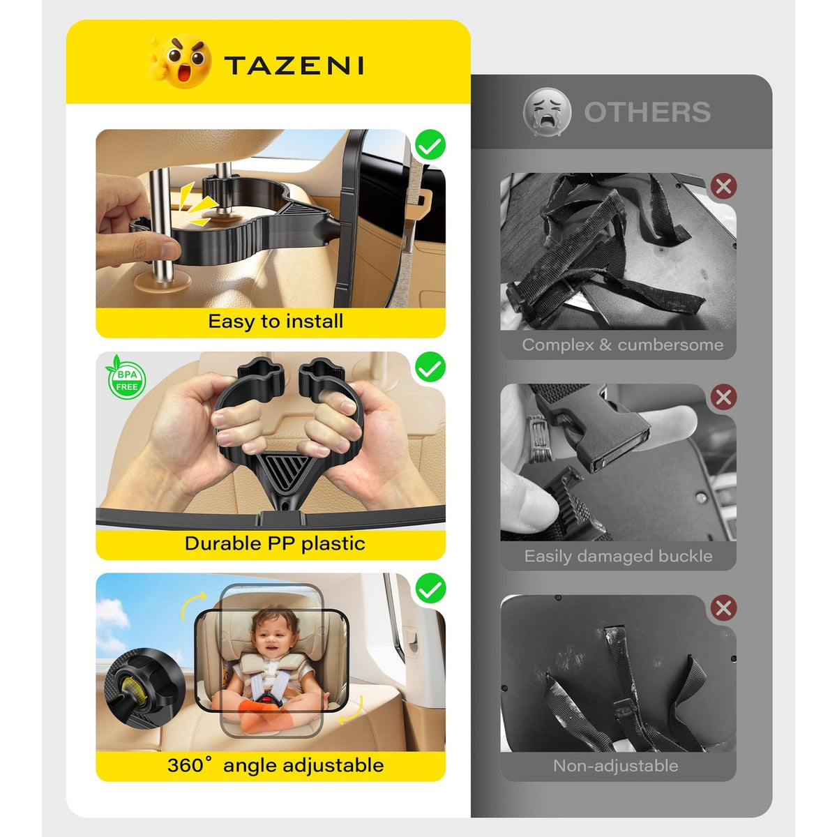 TAZENI Car Mirror for Baby for Rear-Facing Car Seat, Ultra Stable Hook Clip