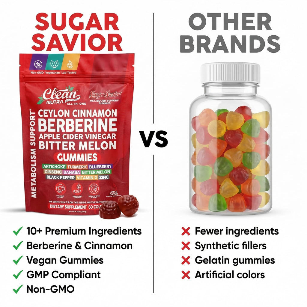Sugar Savior Ceylon Cinnamon Berberine Gummies Apple Cider Vinegar Artichoke Turmeric Blueberry Ginseng Banaba Bitter Melon Black Pepper Vitamin D Zinc GLP1 Gummies 60 Count by Clean Nutra