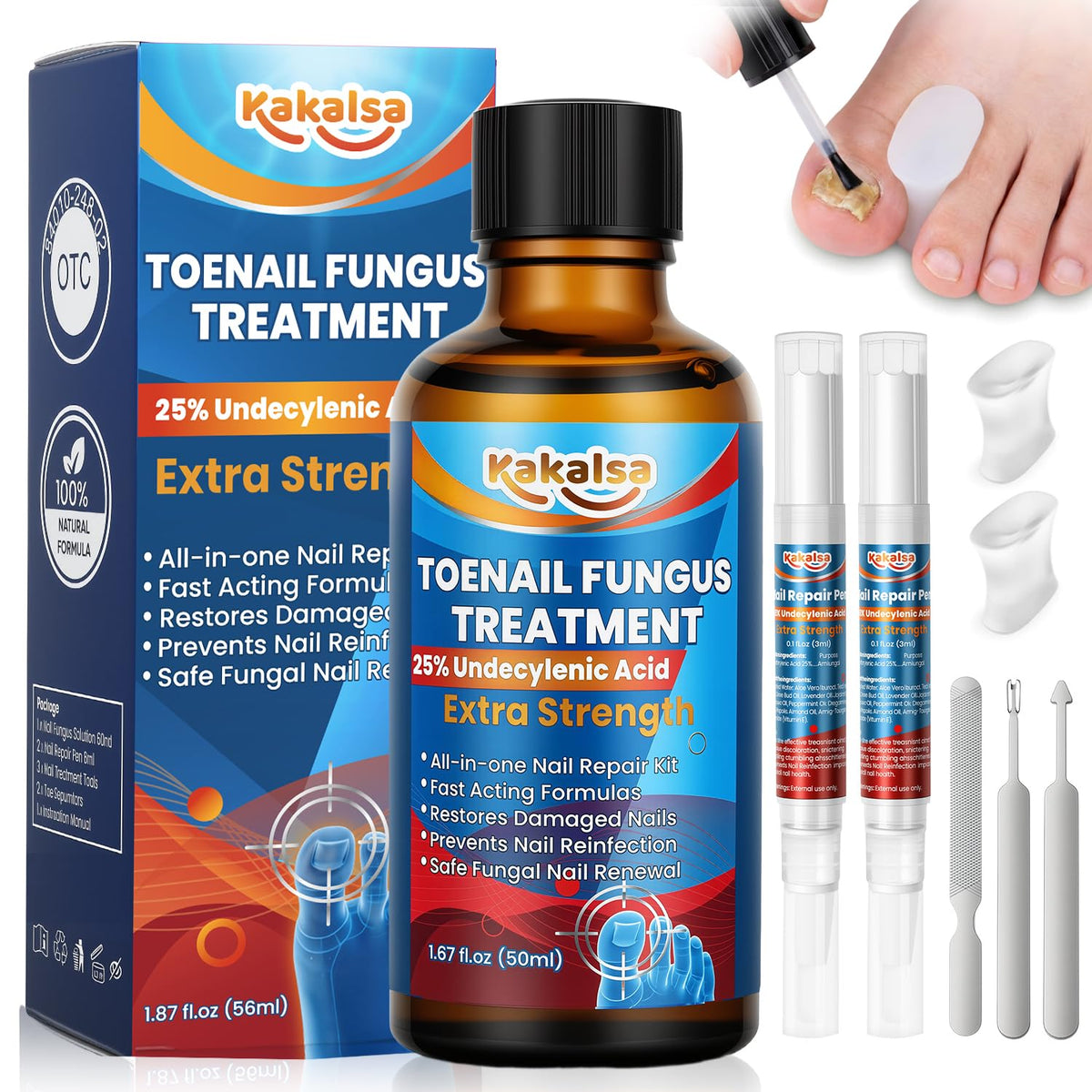 Toenail Fungus Treatment Extra Strength, Nail Fungus Treatment for Thick, Discolored Fungi Nails - 25% Undecylenic Acid All-in-One Kit with 30ML Fungi Nail Solution, 2 Nail Repair Pens