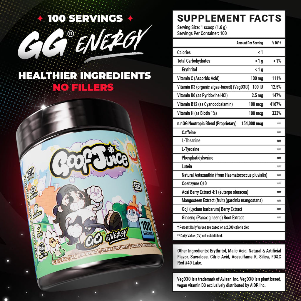 Gamer Supps GG Energy - Goof Juice by MoistCr1TiKaL (100 Servings) - Keto Friendly Gaming Energy and Nootropic Blend, Sugar Free + Caffeine + Vitamins + Immune Support, Powder Drink