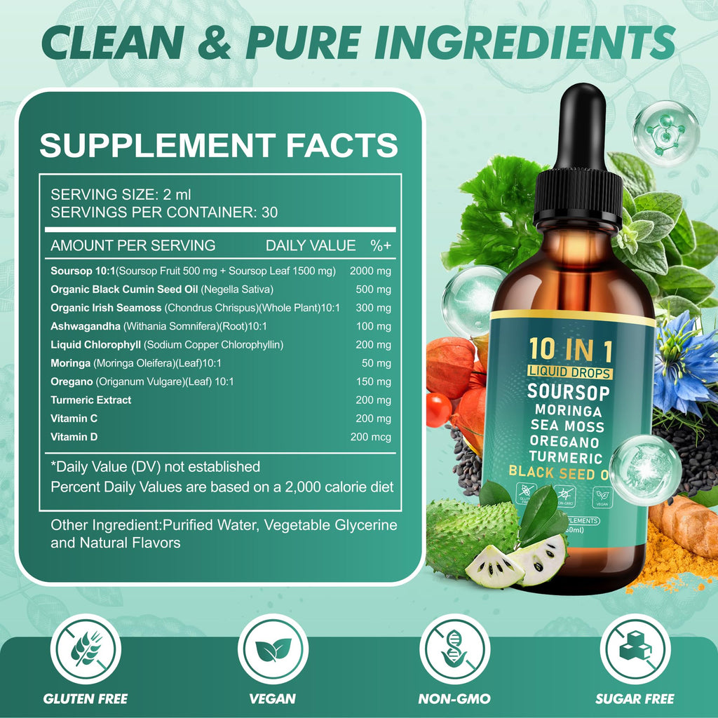 Dobeko Soursop Bitters Liquid Drops, Bitter Herbs with Soursop Extract, Ashwagandha, Sea Moss & Black Seed Oil, Formulated for Immune Wellness, Antioxidant Support & Healthy Digestion, 2 FL Oz