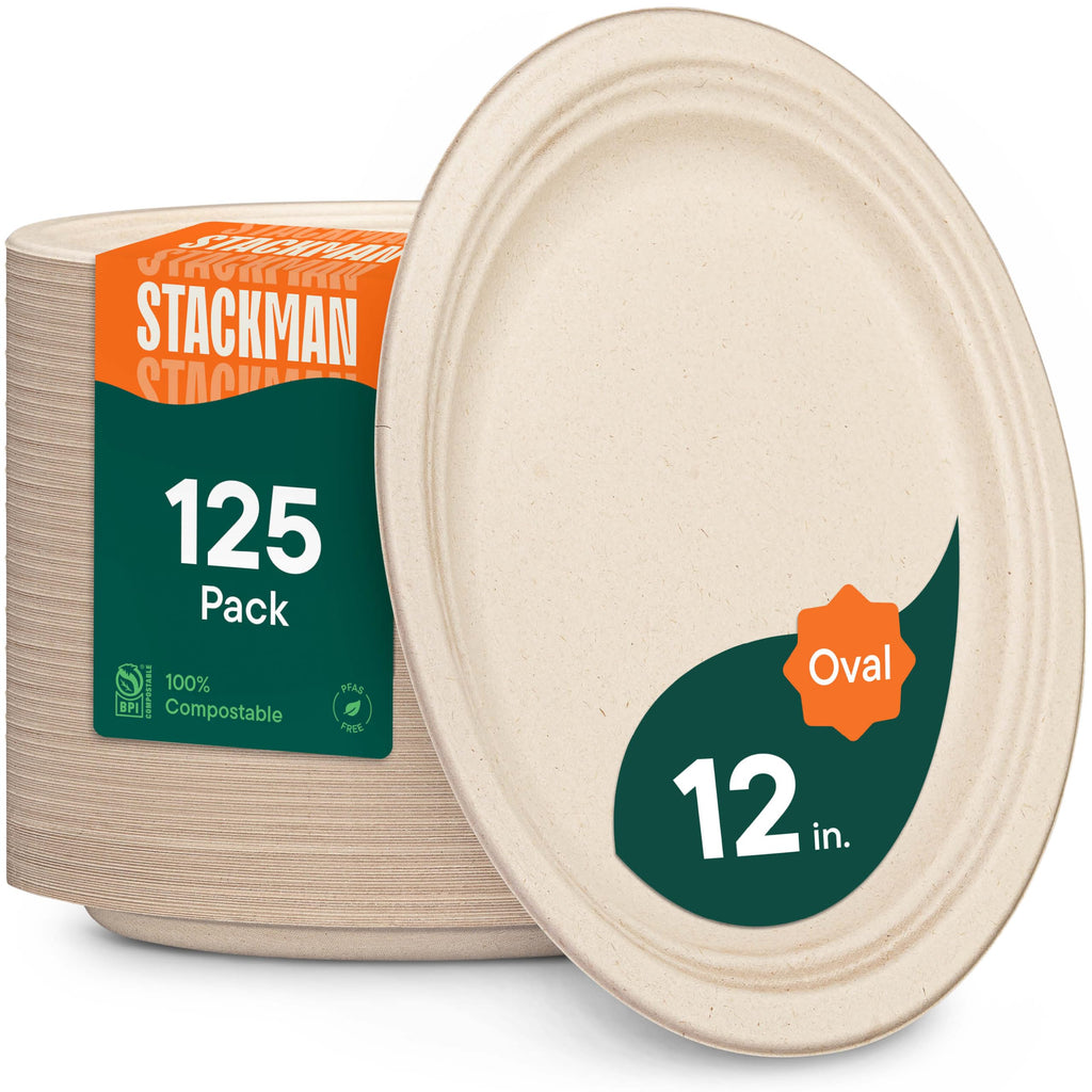 Stack Man 12 Inch Oval Paper Plates Heavy Duty Disposable - [125-Count] Biodegradable Sugarcane Bagasse Platters, Perfect for Thanksgiving Turkey & BBQ, Microwave Safe, PFAS-Free Sturdy Eco-Friendly
