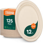 Stack Man 12 Inch Oval Paper Plates Heavy Duty Disposable - [125-Count] Biodegradable Sugarcane Bagasse Platters, Perfect for Thanksgiving Turkey & BBQ, Microwave Safe, PFAS-Free Sturdy Eco-Friendly