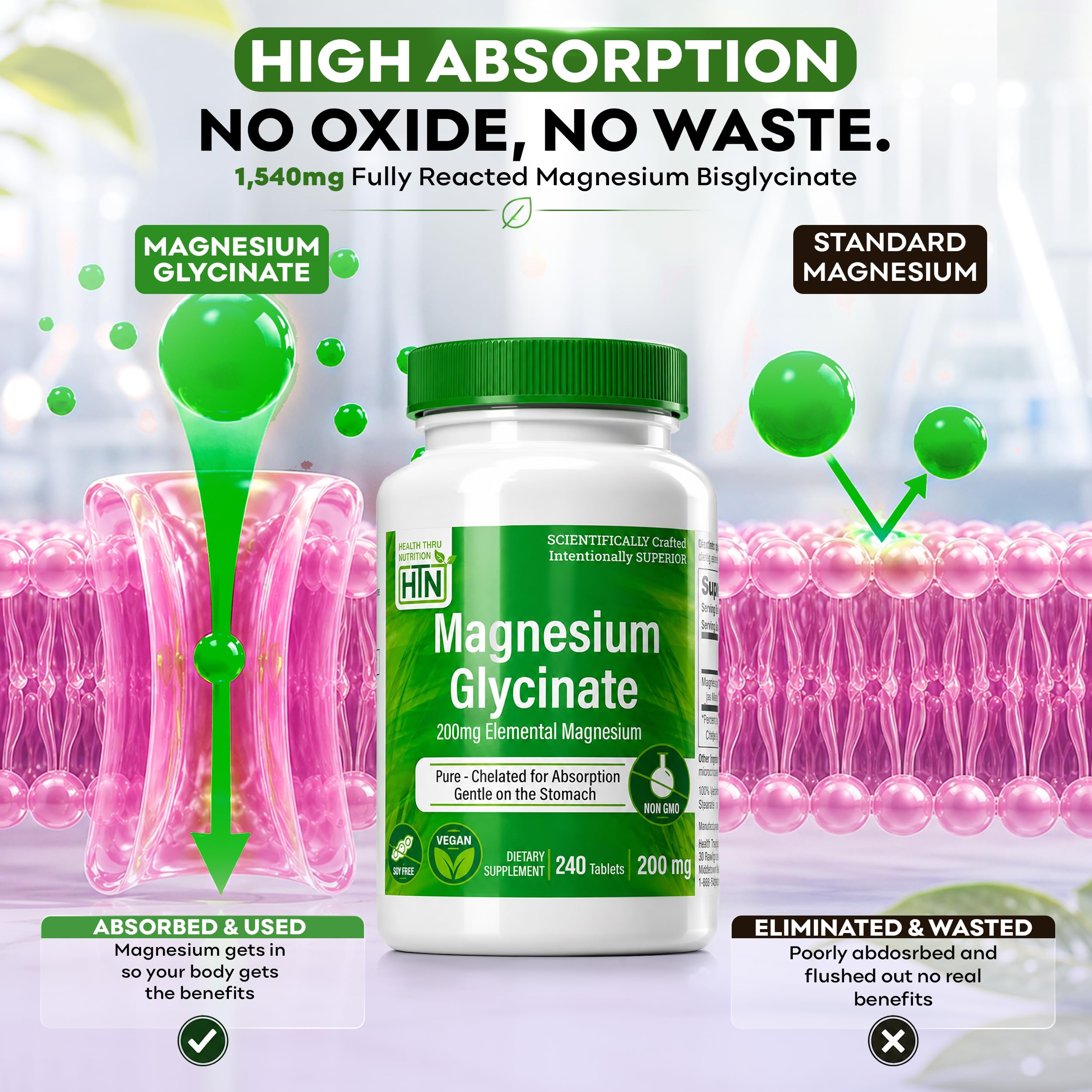 Magnesium Glycinate 1540mg | 200mg Elemental Magnesium Supplement,240 Count | 100% Pure Vegan, 3rd-Party Tested, Magnesium Supplement for Women & Men. No Oxide, Non-GMO & No Gluten, Easy-Swallow Tablets