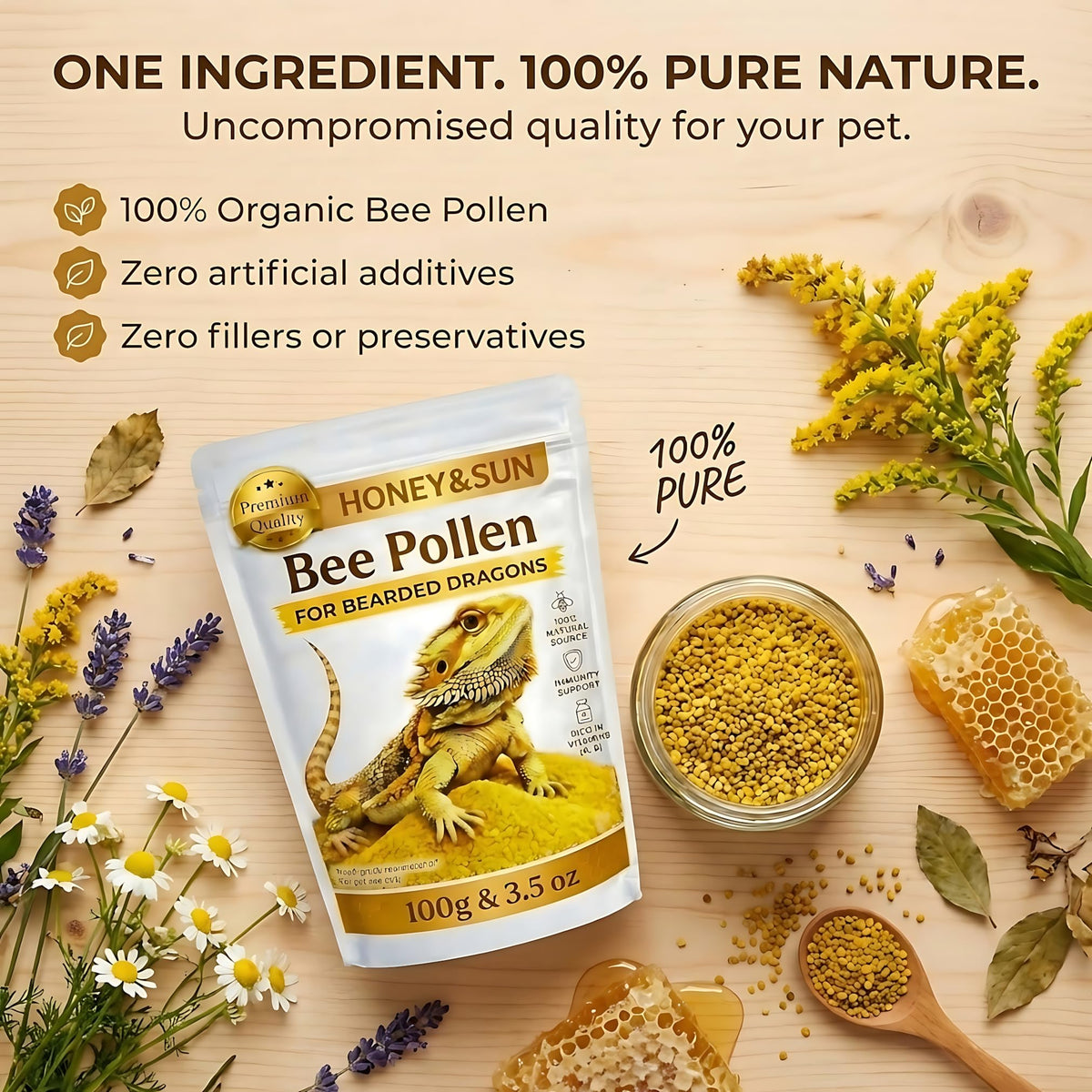Organic Bee Pollen Powder for Bearded Dragons – HONEY&SUN 4oz Reptile Food