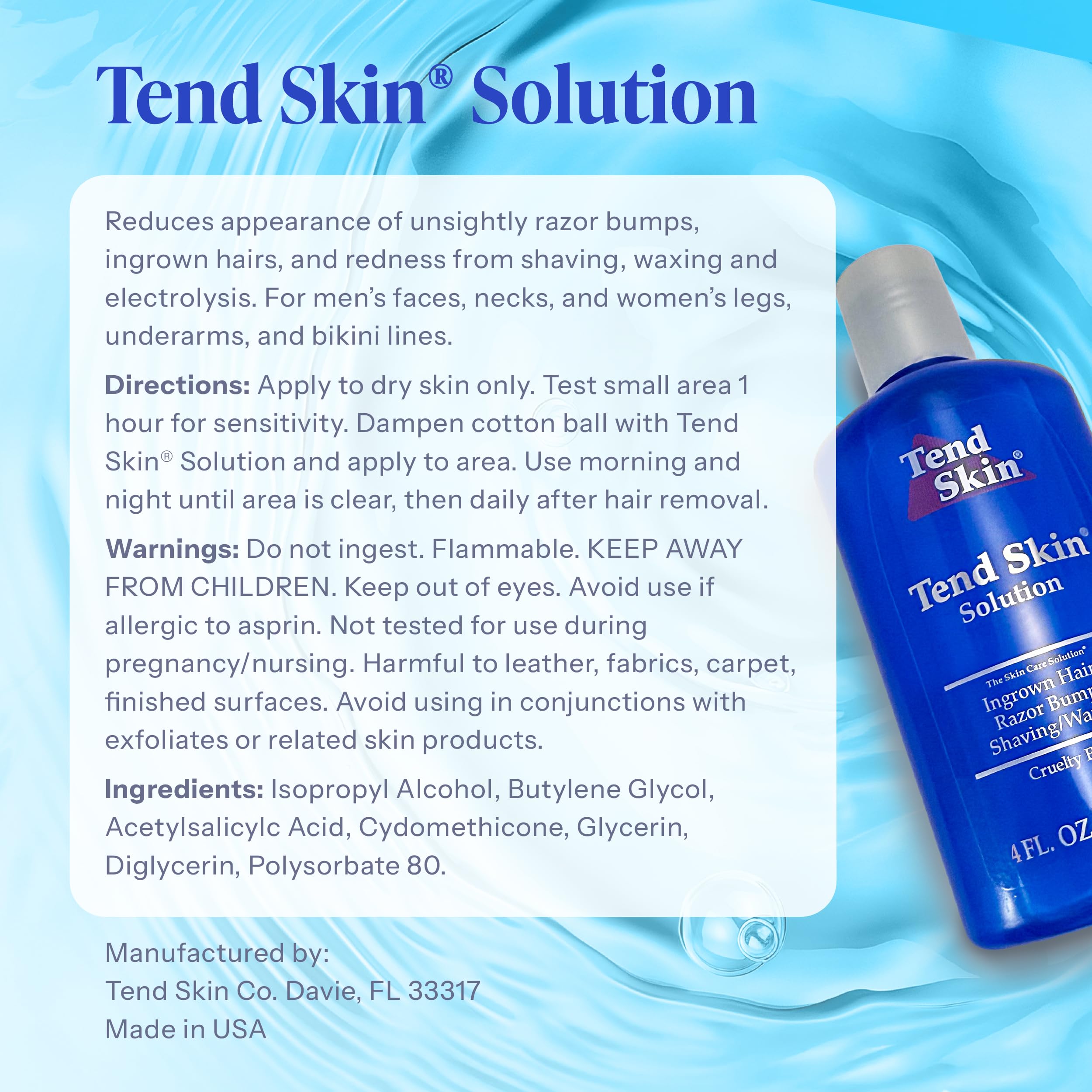 Tend Skin Solution for Razor Bumps and Ingrown Hair, 4 Oz | Solution for Unsightly Razor Burns, Post Shaving and Waxing Toner, Deodorant, Made in USA