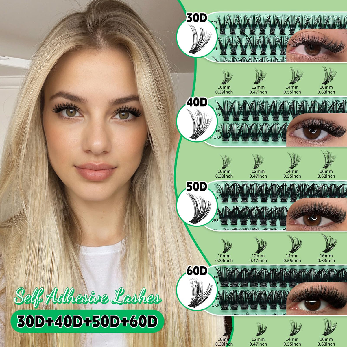 Self Adhesive 560pcs Big Volume Lash Book Natural Soft Lashes Clusters Kit, Individual Eyelashes with Mixed Length 10-16mm,No Glue Needed DIY Eyelashes Extension at Home Including Tweezers